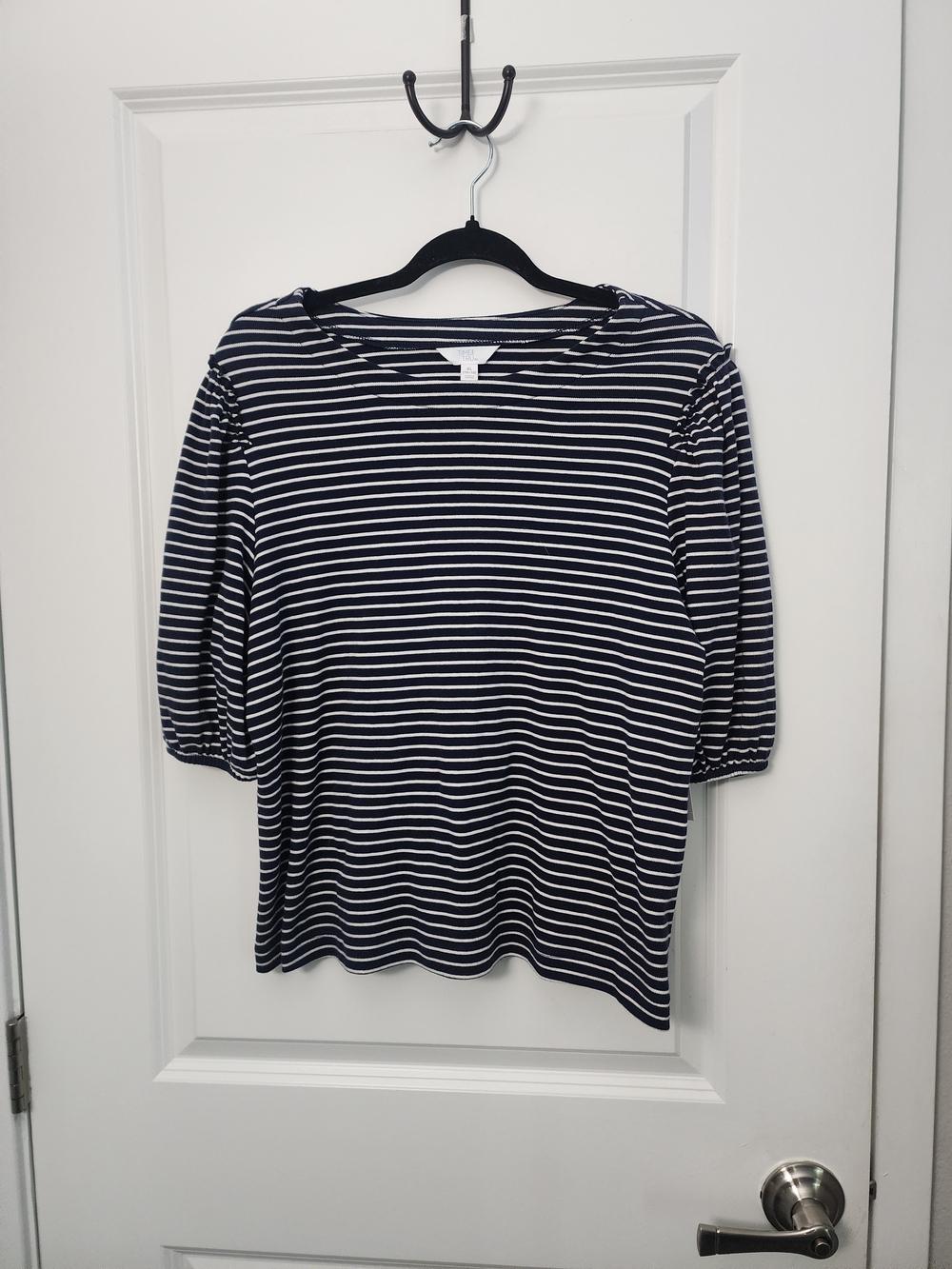 Time and Tru Navy and White Striped Boatneck Knit Top